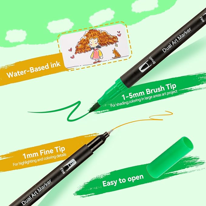 Dual Tip Markers for Adult Coloring Books No Bleeding – Gel Acrylic Paint (Fine & Brush) Pen for Sketching, Drawing, Rock Painting, Journaling, Non Bleed Art Marker Set for Kids/Teens. 12 Colors