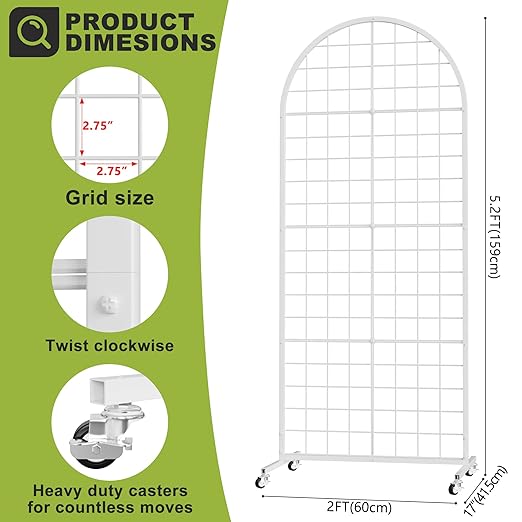 Grid Wall Panel 1PCS Display Stand 2' x 5.2' FT White Grid Wall Panels Movable Retail Display Racks Floorstanding Gridwall Heavy Duty with Wheel for Art Craft Photo Displays Fair Trade Show