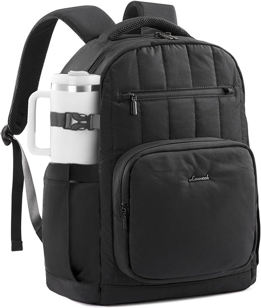 LOVEVOOK Laptop Backpack for Women with Giant Tumbler Holder Pocket,15.6 Inch Puffer Travel College Work Backpack Purse for Teacher Nurse,Waterproof Laptop Bag Computer Back Pack Casual Daypack,Black