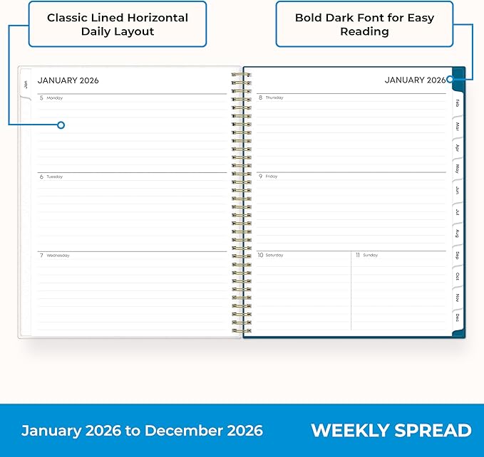 Blue Sky 2026 Weekly and Monthly Planner Calendar, January 2026 - December 2026, 8.5" x 11", Flexible Cover, Laminated Tabs, Durable Twin Wire Binding, Storage Pocket, Bakah Blue