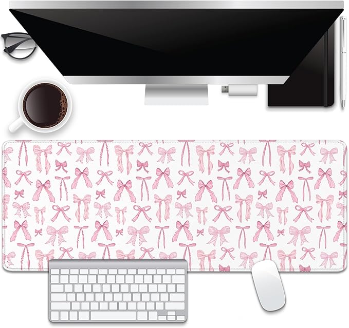 Pink Bow Desk Pad Mouse Pad,Large XL Mouse Mat with Stitched Edges,Non-Slip Rubber Base Mousepad for Office PC Keyboard Laptop and Home Work Desk Mat(31.5X11.8 in)