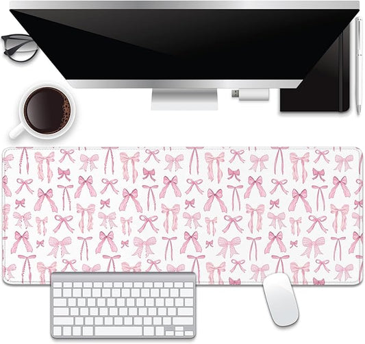 Pink Bow Desk Pad Mouse Pad,Large XL Mouse Mat with Stitched Edges,Non-Slip Rubber Base Mousepad for Office PC Keyboard Laptop and Home Work Desk Mat(31.5X11.8 in)