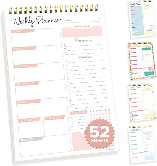 Decorably 52 Sheets Nude Pink Undated Weekly Planner Notepad Tear Off, 6.5x10in Spring-Bound Design, with Focus, Priorities, to-do list, Habit Tracker, Notes and Doodles - Home, School, Office