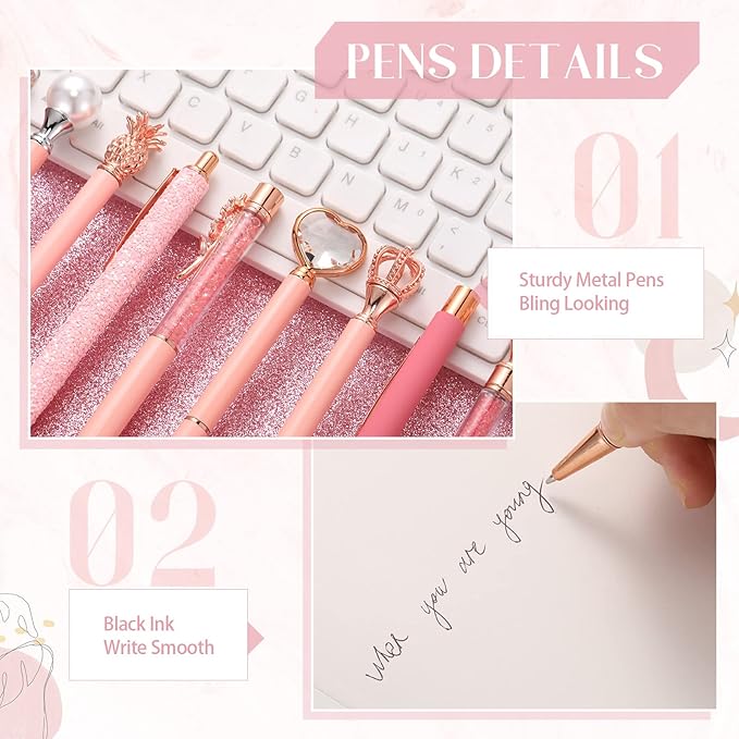 Janmini 9 Pcs Ballpoint Pens Set Metal Crystal Diamond Glitter Pens for Journaling Black Ink Pretty Cute Things Fancy Stationery Gifts for Women Girls Birthday Home Office Desk(Light Pink)