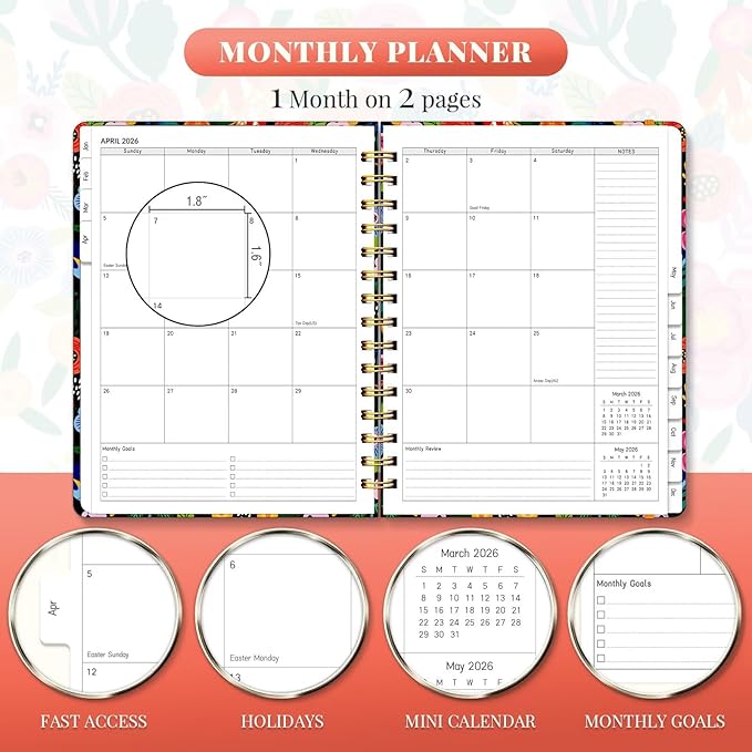2026 Planner 8.5 x 11, Large Weekly and Monthly Planners with Tabs, A4 Spiral Bound Daily Calendar 2026 Planner, 12 Month Agenda Organizers from Jan. to Dec.(Pink Bloss)