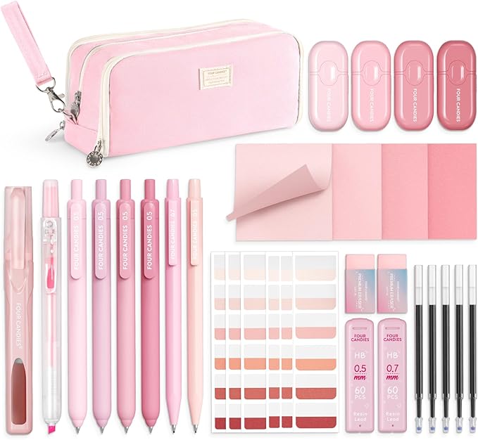 Four Candies Pink School Supplies with Case, Gel Pens with Black Ink, Correction Tapes, Pastel Highlighters, Mechanical Pencils, Sticky Notes, Index Post for Bible Study Stationary College Essentials
