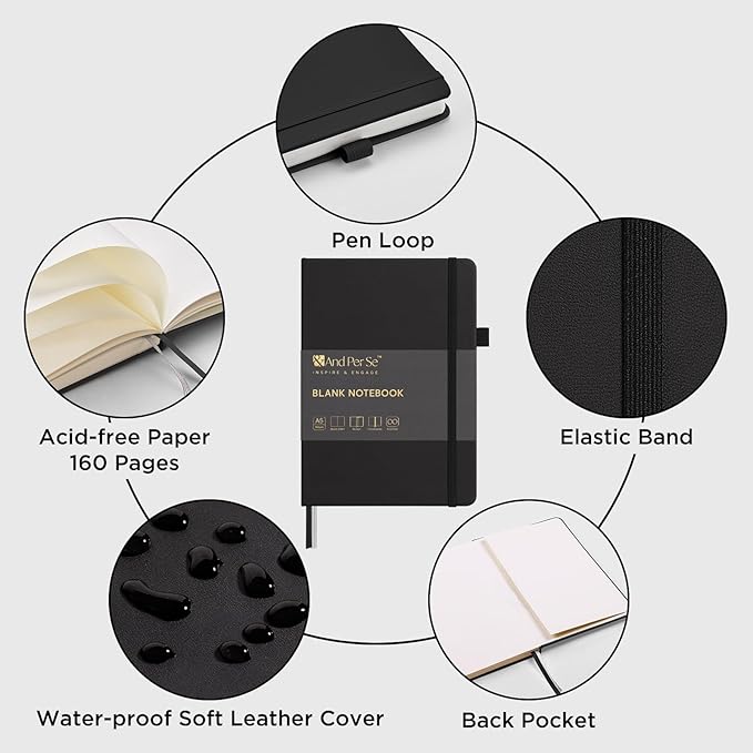 &And Per Se Blank Journal Notebook, 160 Pages, A5 5.7 x 8 inches 100 gsm Thick Paper Notebook Journals for Writing, Hardcover Notebook(1 Pack, black)