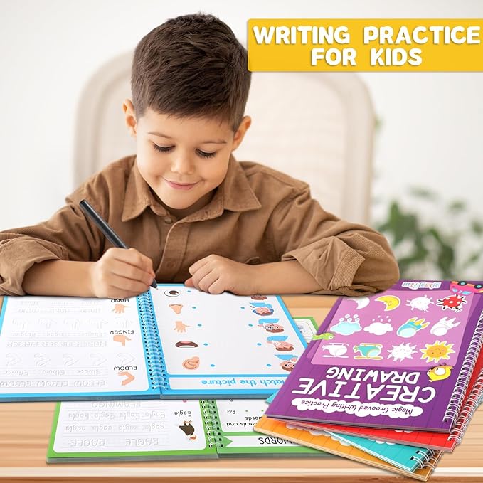 8 Pieces Magic Grooved Writing Practice Books Disappearing Ink Pens Reusable Groove Workbooks Tracing Handwriting Practice Without Tears for Kids Kindergarten Preschool Supplies,10.2 x 7.3inch