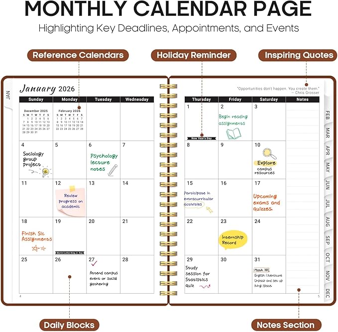 2026 Planner, Weekly and Monthly Calender Planner, Jan 2026 to Dec 2026, Hardcover 2026 Calendar Book with Tabs & Inner Pocket, Office Home School Supplies for Women & Men - A5 (6.3" x 8.5"), Rust Brown