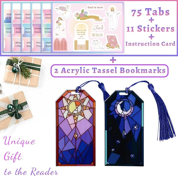 Bible Tabs with Acrylic Bookmark, Laminated Bible Tabs for Women Men, Christian Gifts, Large Print Bible Tabs for Easy Navigation, Bible Book Index Tabs Labels, Bible Study Supplies, Rainbow