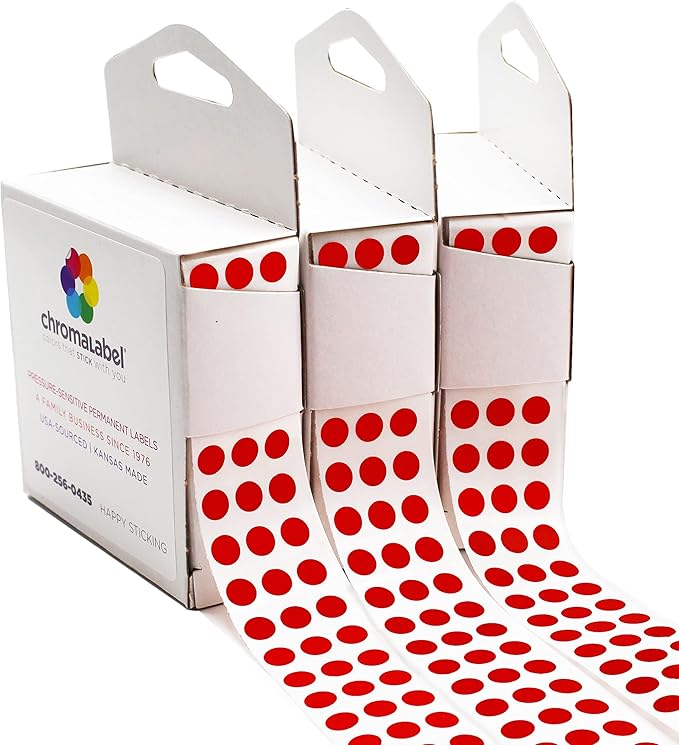 ChromaLabel 0.25 Inch Standard Red Permanent Adhesive Color Code Dot Label Kit, 1000 Stickers per Dispenser Box, Case of 3