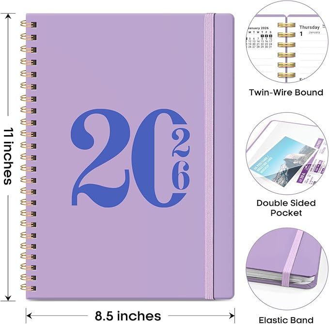 2026 Planner, Weekly and Monthly Calender Planner, Jan 2026 to Dec 2026, Hardcover 2026 Calendar Book with Tabs & Inner Pocket, Office Home School Supplies for Women & Men - A4 (8.5" x 11"), Purple