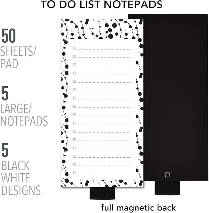 5 Pack White Black Scandi Magnetic Notepads with Pen Holder,for Grocery, Shopping and to Do Lists with Checkbox,Note Pad for Refrigerator 3.3" x 3.8",50 Sheets