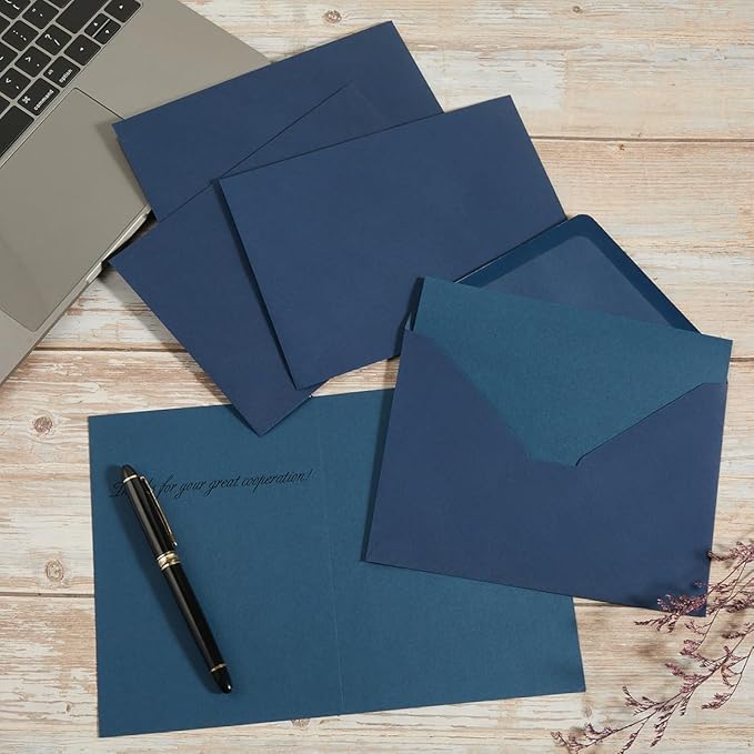 50 Pack Navy Blue A7 Envelopes with Cards 5x7 Thick Folded Cardstock and Gold Stickers for Greeting Cards, Wedding, Birthday, Invitations, Baby Showers (Navy Blue, 5x7)