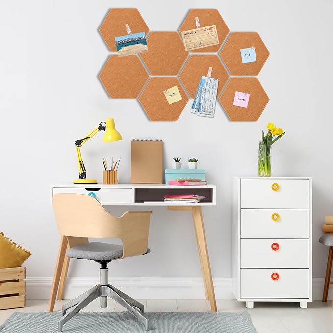 8 Pcs 12" Large Hexagon Felt Cork Board Tiles Self Adhesive DIY Bulletin Board Pin for Office Home Wall Decor Stickers Memos Photos Display with 10 Multi-Color Clip Drawing Pins(Yellow)