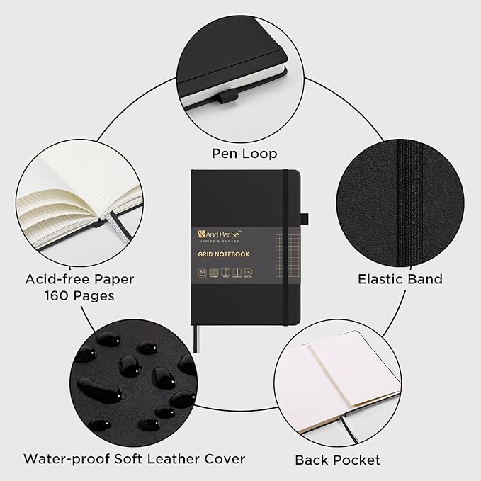 &And Per Se Graph Journal Notebook, 160 Pages, A5 5.7 x 8 inches 100 gsm Thick Paper Notebook Journals for Writing, Grid Hardcover Notebook(1 Pack, black)
