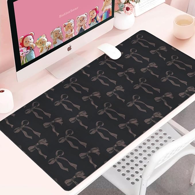 Black Bow Mouse Pad, Extra Large 31.5 x 15.7in Black Mouse Pad with Bows, Full Desk Mat Keyboard Mat Cute Girly Computer Pad Home Office Decor Desktop Cover, Non-Slip Rubber Base Gaming Mousepad