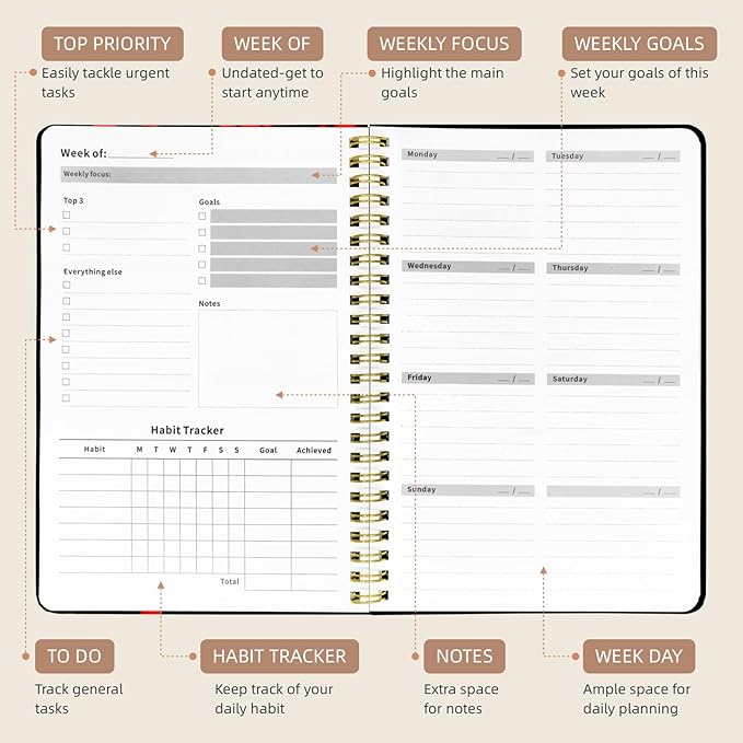Weekly Planner Undated - 52 Weeks To Do List Notebook A5 for Work: Weekly Task, Habit Tracker Journal, Goal Setting, Agenda Sprial Bound Organizer Book for Women Cute Stylish Design, Cherry