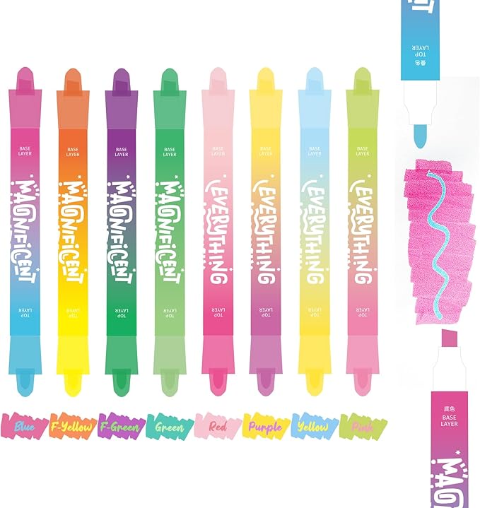 Dual Tip Pastel Highlighters, 8 Colors, 4-Pack, No Bleed Quick Dry Ink, Chisel and Bullet Tips (DOpamine+macarom).