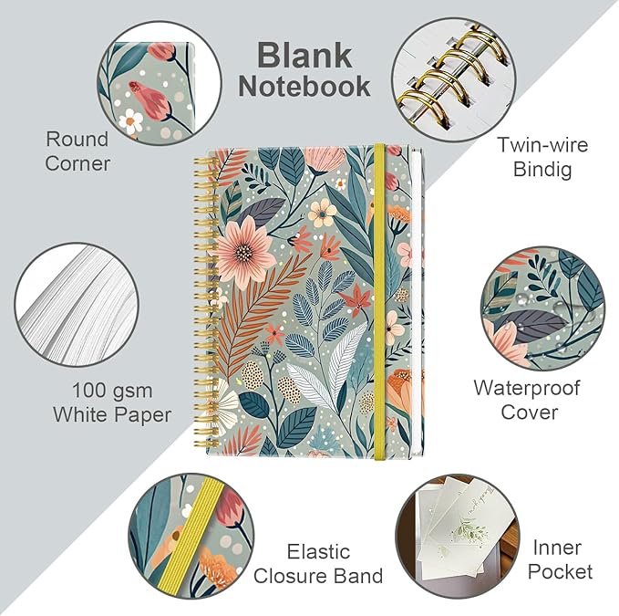 Heveboik A5 Blank Notebook - 70 Sheets/140 Pages Blank Paper Notebook, 100 GSM Thick White Paper, 5.8" x 8.3" Spiral Blank Journal, Flower-A