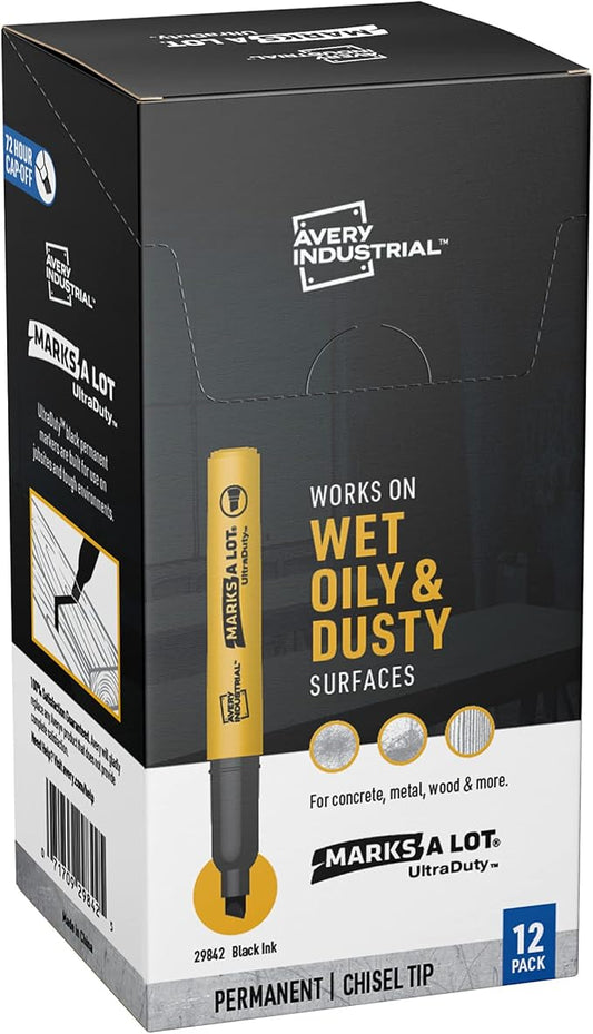 AVERY Marks A Lot UltraDuty Chisel Tip Permanent Markers, Water Resistant Ink, For Jobsites and Tough Environments, 12 Black Markers (29842)