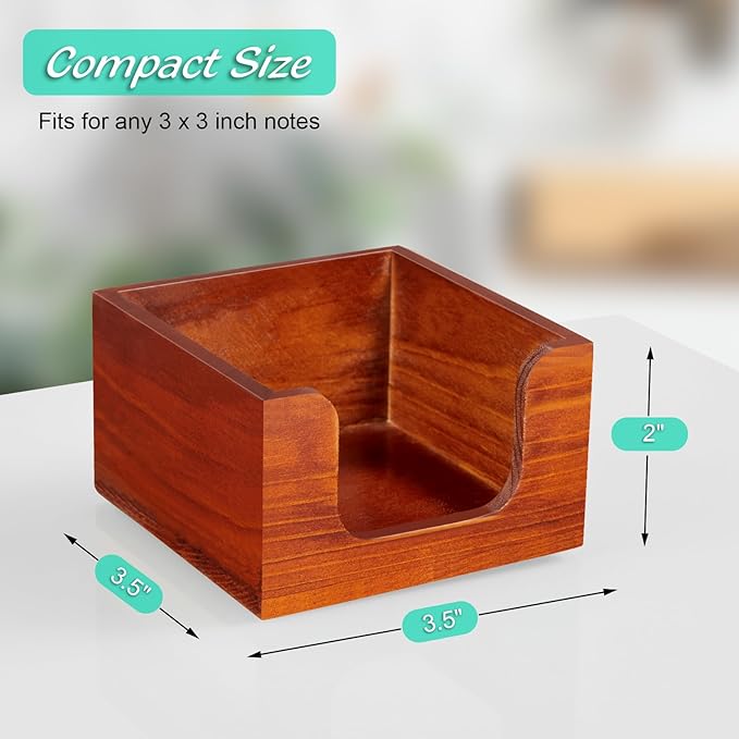 Wooden Sticky Note Holder, 3 x 3 Inch Post It Note Dispenser for Office Desk Accessories, Self Stick Note Pad Holder, Memo Pad Holder Dispenser Organizer for School Office Desk Supplies, Red Brown