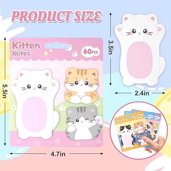 Cute Kitten Cat Shaped Sticky Notes Set - 6 Kawaii Animal Memo Note Pads with Cartoon Cats Design - 360 Sheets Themed Stationery Notepad for School, Office Supplies, Gifts for Cat Lovers