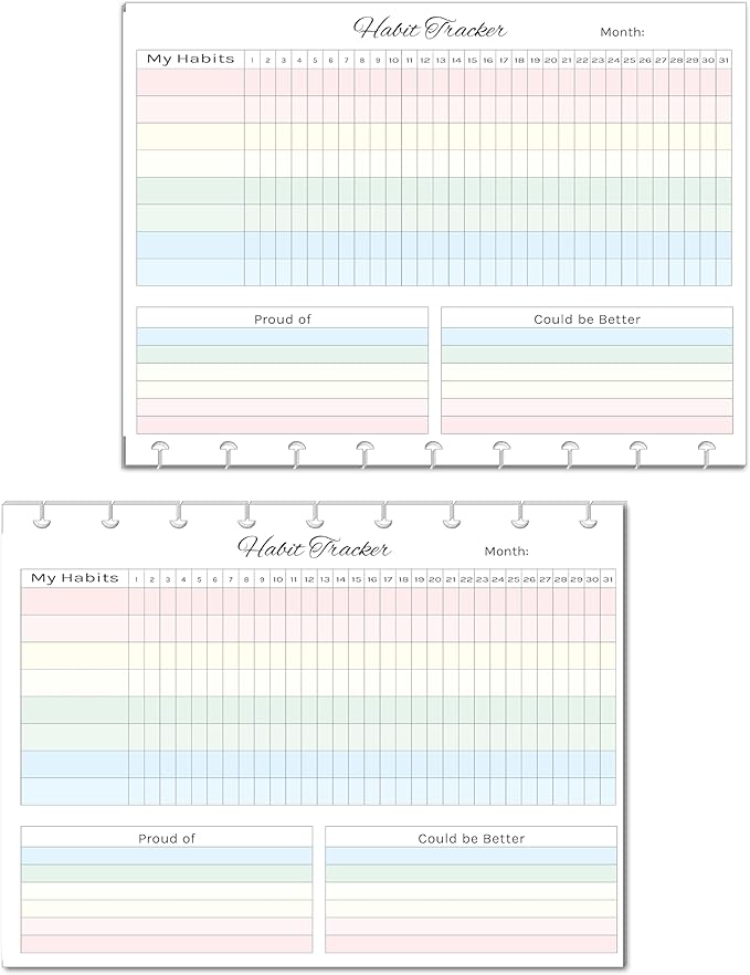 Horizontal Habit Tracker Inserts for 7, 9, 11 Disc | Mini, Classic, Skinny, Big, Letter, Junior Size Planners | Color or Black & White | Monthly Habit Log (Color, 9-Disc Classic)