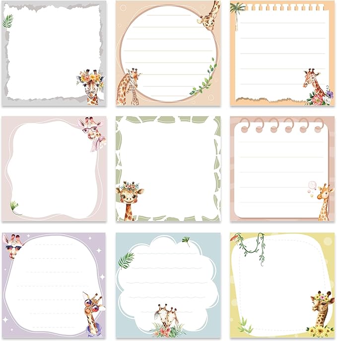 Giraffe Sticky Notes Gifts - 9 Pack Cartoon Giraffe Notepads 3x3 Inch Gifts for Women Men, Safari Animal Self-Adhesive Memo Pads Office School Supplies (450 Sheets)