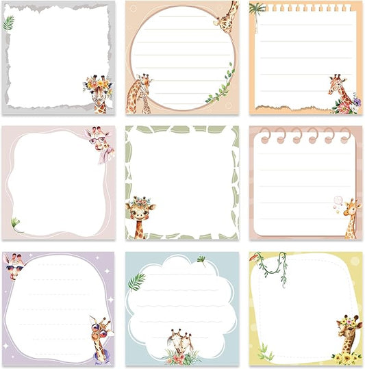 Giraffe Sticky Notes Gifts - 9 Pack Cartoon Giraffe Notepads 3x3 Inch Gifts for Women Men, Safari Animal Self-Adhesive Memo Pads Office School Supplies (450 Sheets)