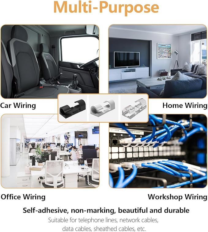 60 Pcs Black Cable Clips with 3M Adhesive, Wire Holders Under Desk, Cord Management for Wall, Car, Ethernet, PC, Christmas Light Indoor/Outdoor