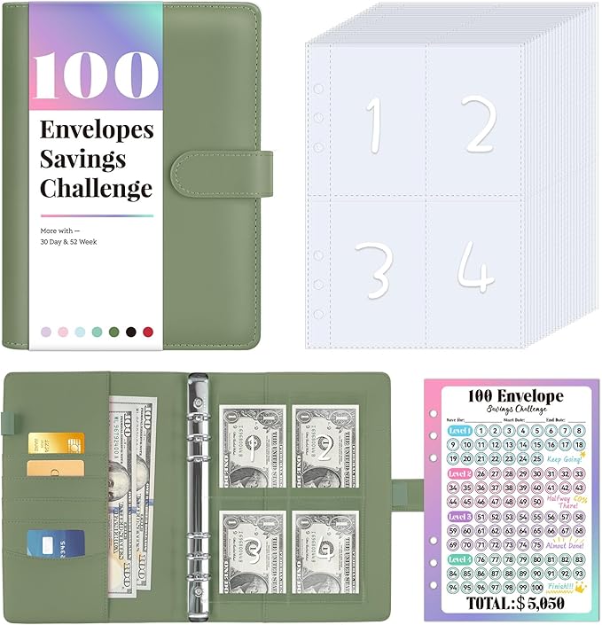 Sooez 100 Envelopes Money Saving Challenge, Savings Challenges Book with Envelopes, Flexible Saving $5050, $2600, $300, Savings Binder with 100 Pocket Pre-Number & Reusable Laminated Tracker