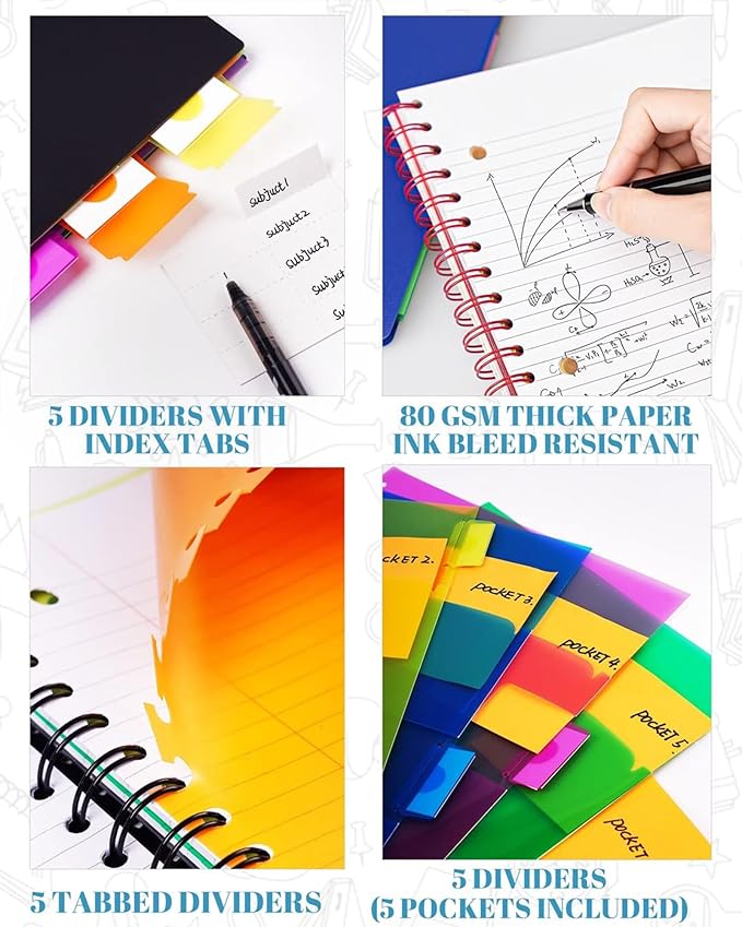 5 Subject Notebook - Spiral Notebook, College Ruled Notebook With Dividers Pocket, Tabs, 11" Ruler, 300 Pages, for Writing Journal, Home & Office, School Supplies, 8.5x11'' CoCo Brown150 Sheets