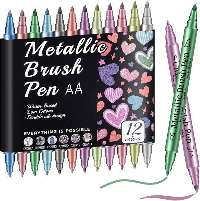 Prudiut 12 Pack Metallic Markers, Dual Tip Metallic Paint Pens, Water Based Acrylic Markers for Black Paper & Rock Painting, Scrapbooking Supplies, Marker Set for Glass, Wood