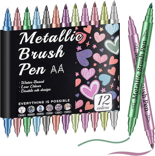 Prudiut 12 Pack Metallic Markers, Dual Tip Metallic Paint Pens, Water Based Acrylic Markers for Black Paper & Rock Painting, Scrapbooking Supplies, Marker Set for Glass, Wood