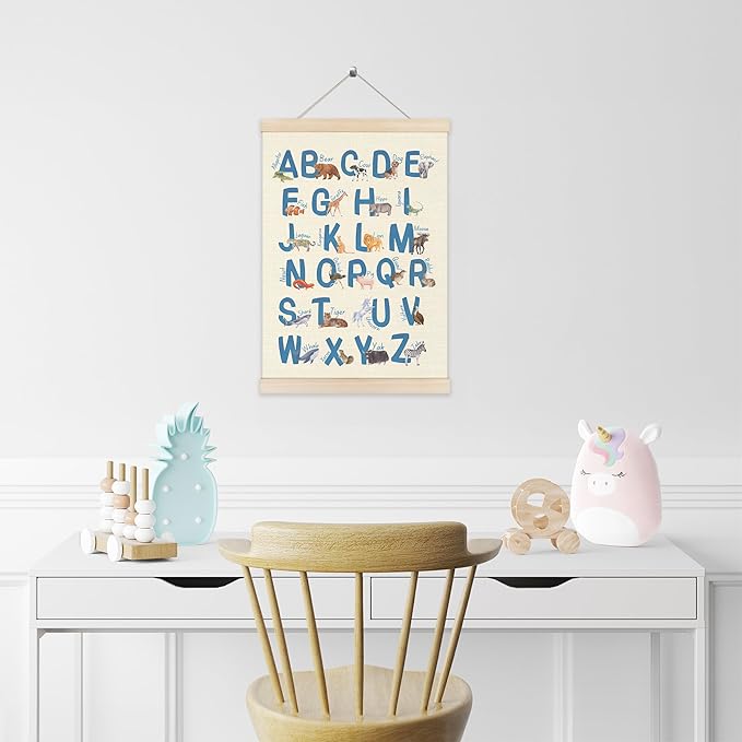 Koesus Animal Alphabet Learning Wall Art Poster Hanger Frame 12x16 Inch, ABC Alphabet Educational Canvas Pictures Prints Framed Wall Decor for Toddler Kids Room Nursery Preschool Classroom Playroom