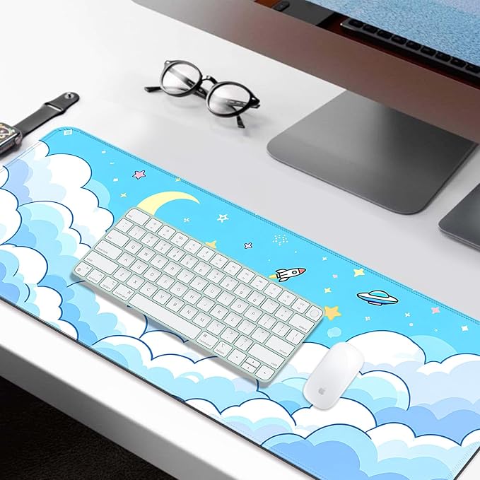 Minimalist Blue Gradient Clouds XL Large Desk Mat, Extended Long Star and Moon Desk Pad for Gaming and Office, Non-Slip Rubber Base, Comfortable Surface Sky Mouse Pad, 31.5x11.8 in