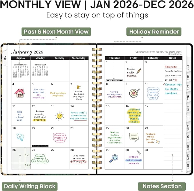 2026 Planner, Weekly and Monthly Calendar Planner Book, January 2026 - December 2026, Hardcover Spiral Planner with Monthly Tabs, Notes Pages, Perfect for Women & Men, A5 (6.4" x 8.5") - Botanical