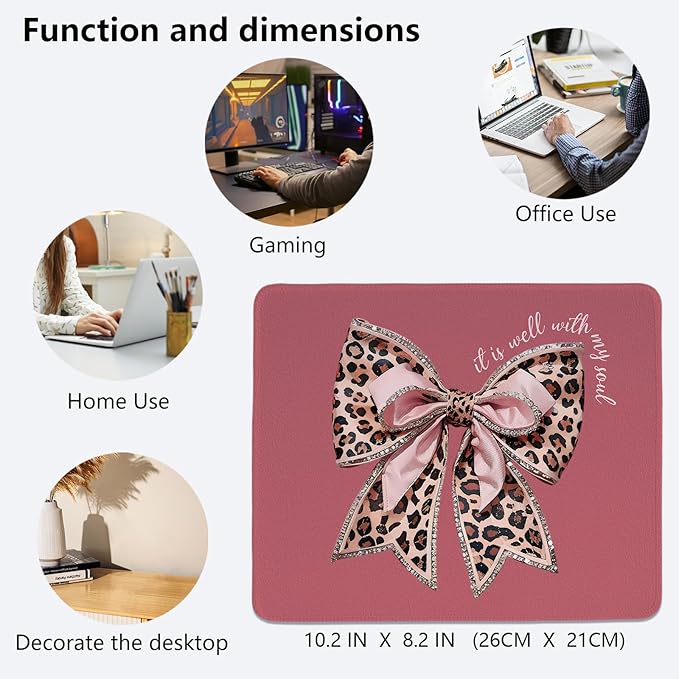 Coquette Pink Bow Mouse Pad,Christian Mouse Pad, Bow Themed Desk Accessories, Girly Leopard Desk Mat for Girls Dorm Home Office Desktop Decor,10.2x8.2Inch
