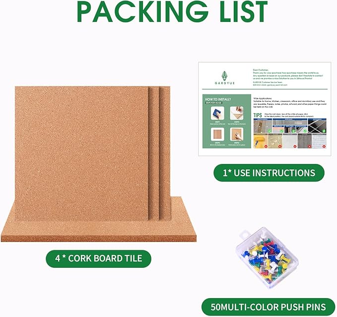 4 Pack Cork Bulletin Board 12 x 12 Inch - 1/2" Thick Cork Board Tiles,Self-Adhesive Frameless Cork Tiles Wall Decor with 50 PCS Pushpins for DIY, Office, School and Home Decor