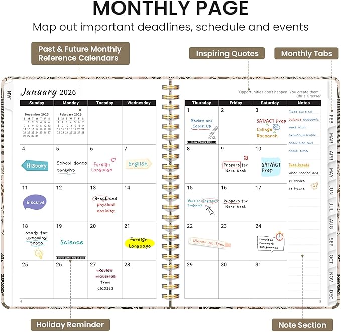 2026 Planner, Monthly and Weekly Calendar Planner for Women, Jan 2026 - Dec 2026, Hardcover Pretty 2026 Agenda Planner Book with Tabs, Spiral Bound, Perfect for School Office Home Supplies, 6.3" x 8.5" - Magical Forest