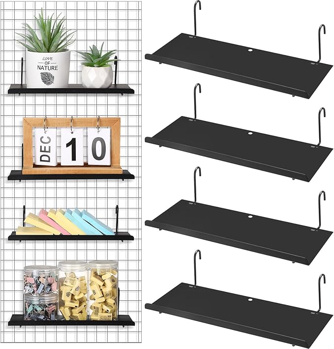 Pinkunn 4 Pcs Gridwall Shelf Metal Hanging Shelf Wall Grid Accessories for Panel Wall Accessories Metal Display Hanging Hooks for Home Show Retail Store Craft(9.8 x 3.4 Inch)