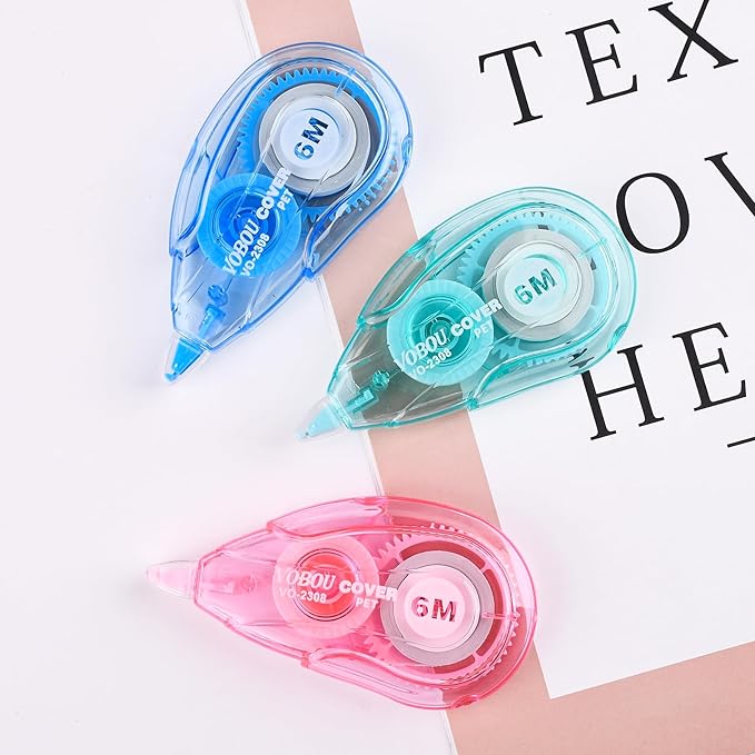 White Correction Tape Dispenser, Easy To Use Applicator for Instant Corrections, For school, Office (Blue,Green,Pink, 12pack, 6M/256, Tape Width 0.2in)