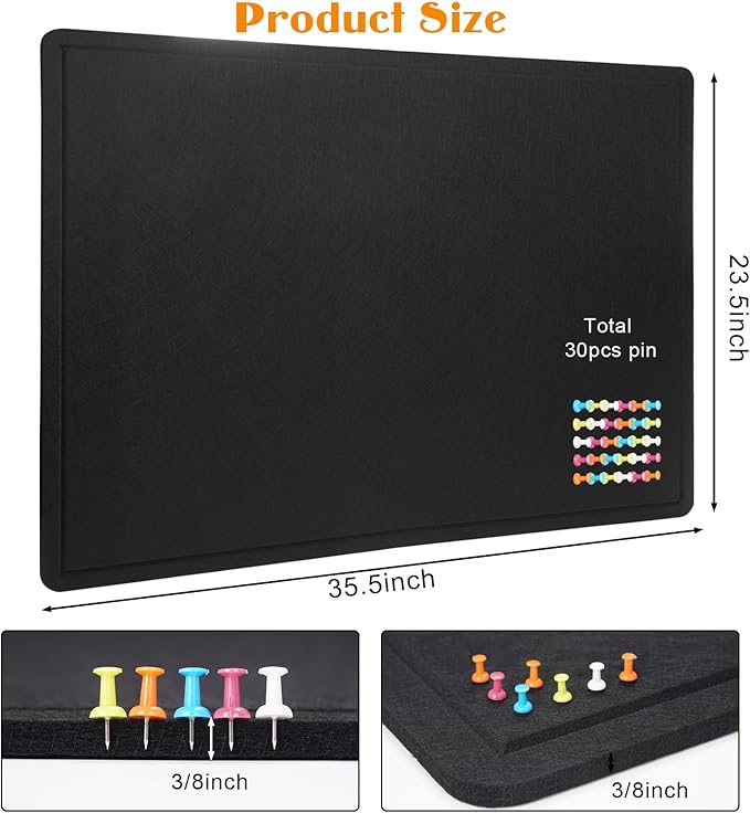 Bulletin Board, 36 X 24 inches Cork Board with 20 Pushpin, Felt Cork Board Notice Pin Board, Self-Adhesive Vision Board Mood Board Foldable Photo Board for Wall - Black