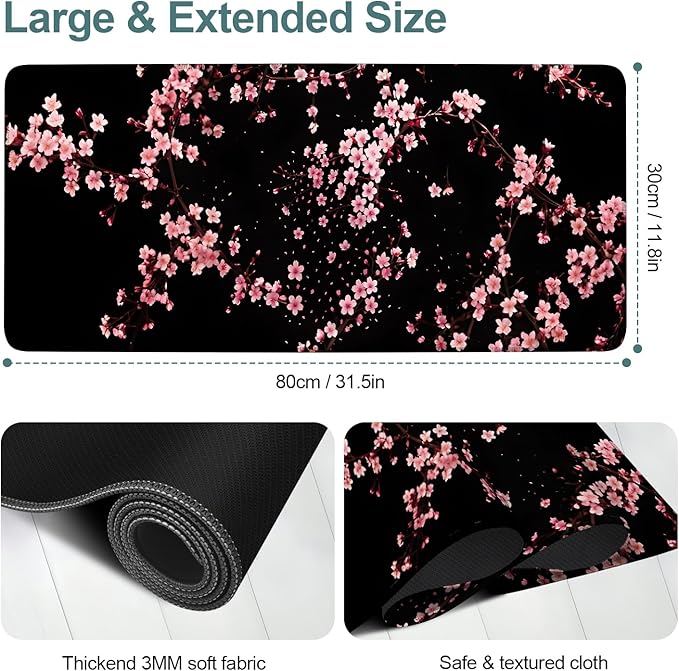 Cherry Blossom Falling Extended Gaming Mouse Pad XL 31.5"x11.8" – Pink Floral Desk Mat – Non-Slip Rubber Base, Stitched Edges