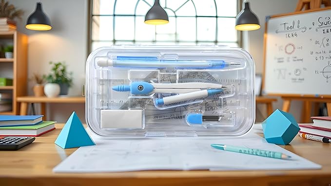 Maths Set Pastel Blue 9PCS Set, Geometry Set Square 4PCS Pack, Compass, Mechanical Pencil, Pencil Leads, Eraser Included in A RE-USABL Plastic Box, Nice Back to School Stationery Set for Students