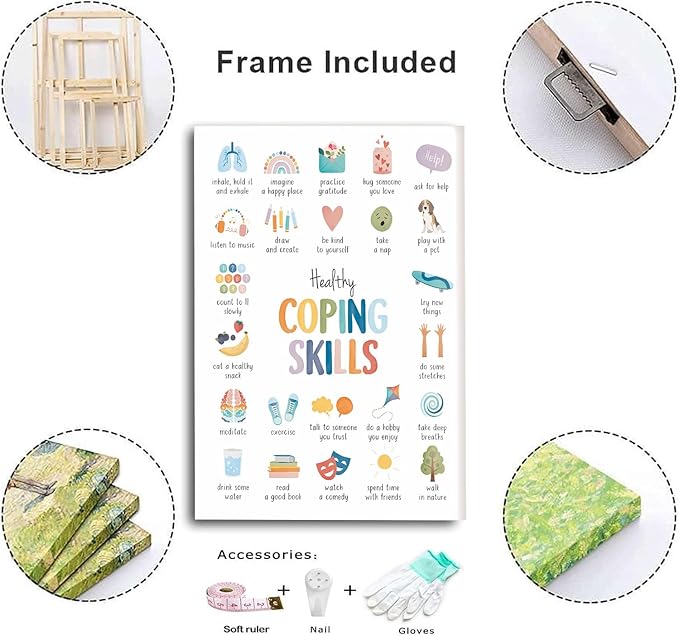 Healthy Coping Skills Poster Calming Strategies For Anxiety Relief Therapy Office Decor School Counselor Resource For Mental Health & CBT Framed 12x16inch
