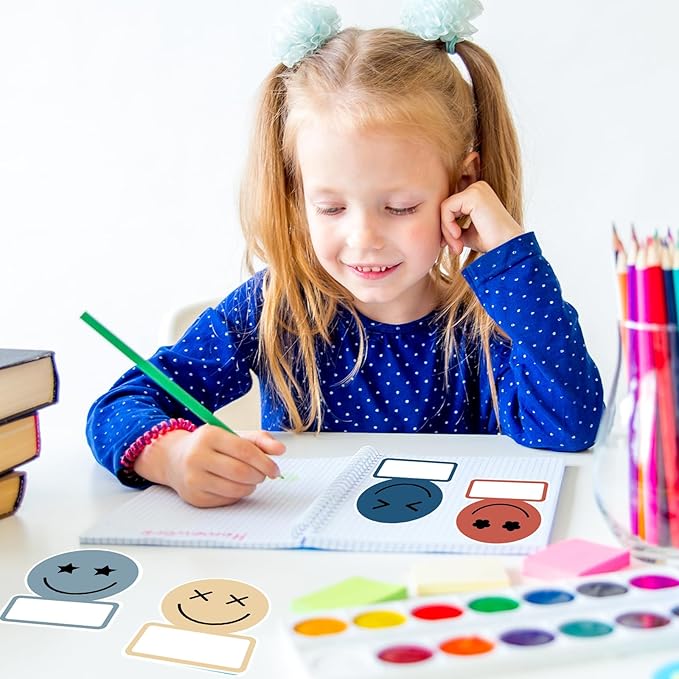 Whaline 135 Pcs Boho Smile Face Name Tags Dark Color 9 Design Nameplate Sticker Classroom Bulletin Board Label Decals for Back to School Desk Wall Message Board