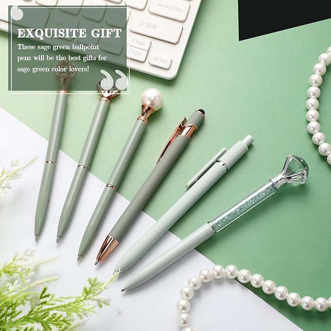 6 Pcs Ballpoint Pens Set Metal Crystal Diamond Pen for Journaling Glitter Pretty Black Ink Fancy Gifts Cute Stationery for Women Girls Teacher Office Wedding School Supplie (Sage Green)