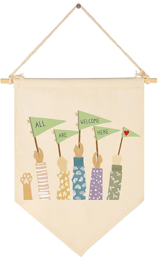 Canvas Banner Flag Sign Pennant Poster Wall Decor Gift for Nursery Classroom Kindergarten Preschool Baby Room Reading Room Playroom Teacher Office Kids Girl Boy-Christmas Gift-All Are Welcome Here